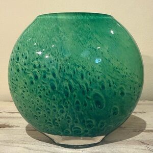 Mid Century Green Peacock Modern Drip Studio Art Glass Oval Pillow Vase
